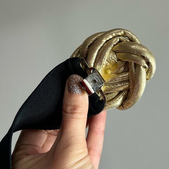 Vintage Waist Belt- 3d puffy Clasp - Gold Fabric- Black Stretch M/L, some wear - Picture 2 of 8